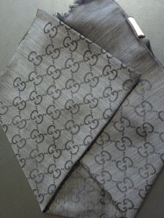 Gucci Logo Small Jacquard Wool & Silk-Blend Scarf in Gray - Picture 5 of 5